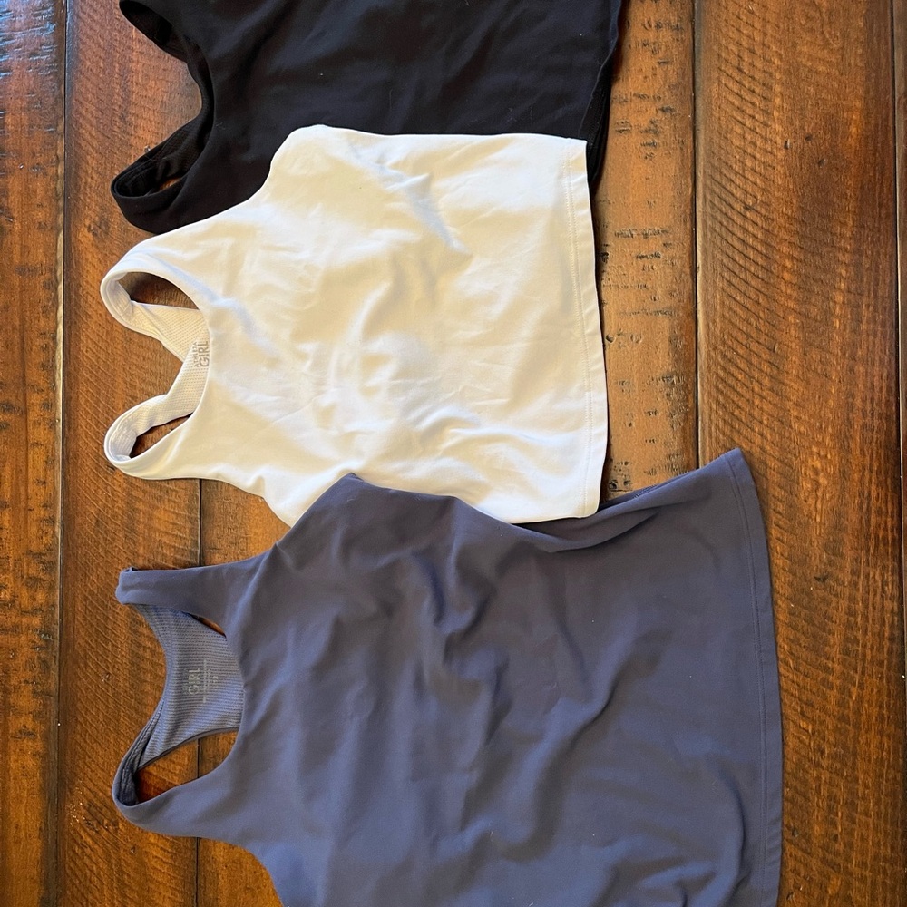 Three Athleta Girl Athletic Tank Built in Shelf Bra Size 12 Blue, White, Black